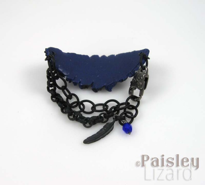 blue black polymer clay feather on matte black chain with lobster clasp Blue Jay feather bracelet