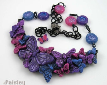 Butterfly Fantasy Necklace, polymer clay collage and beads on matte black brass chain, adjustable length