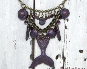 Purple Mermaid Tail Charm Necklace, Paisley Lizard boho art jewelry