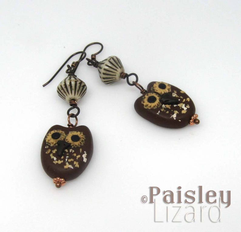 polymer clay owls on brass wires Whimsical Brown Horned Owl earrings