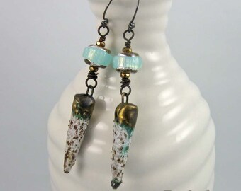 Deep Ocean earrings | rustic ceramic spike dangles and glowy lampwork beads on copper wire