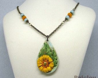 Sunflower Necklace, Teardrop Pendant on Brass Beaded Rolo Chain, boho art jewelry