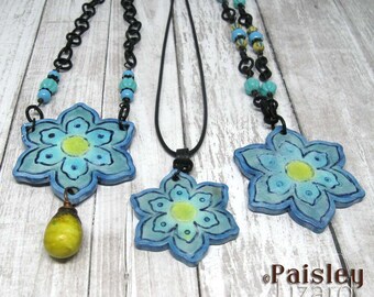 Blissful Blues Flower Power necklace, boho art jewelry by Paisley Lizard