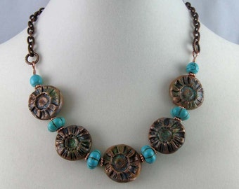 Copper Daisy Flower Necklace, mixed media and gemstone beads on antique copper finish chain, adjustable length