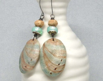 Abalone Shell and Fossil Coral Earrings, mixed media faux shell and coral earrings, rustic boho beach earrings