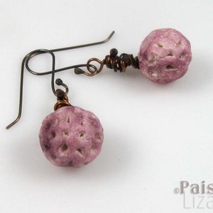 Purple seed pod earrings | rustic botanical jewelry, polymer clay mixed media bead dangles and copper wire