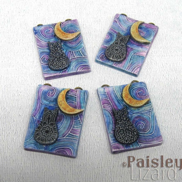 Black Cat Crescent Moon pendant, artisan polymer clay beads