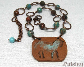 Red Rock Pony Necklace, Southwestern Faux Stone Pendant, Beaded Horse Jewelry