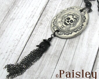 Skull Cameo Statement necklace, Paisley Lizard boho art jewelry