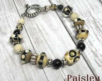 Black and Tan Bracelet, Paisley Lizard boho art jewelry