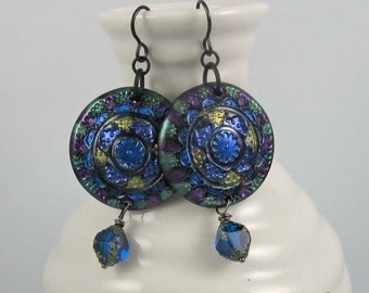 Cobalt Blue Chandelier Earrings with beaded dangles on matte black wires | boho beaded jewelry