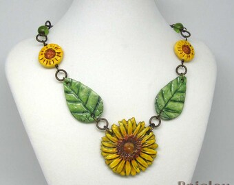 Boho Sunflower Statement Necklace, Hand-Painted Polymer Clay, Art Jewelry