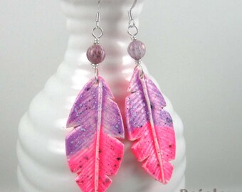 Amethyst Starling Feather Earrings, pink purple polymer clay dangles on silver plated wires