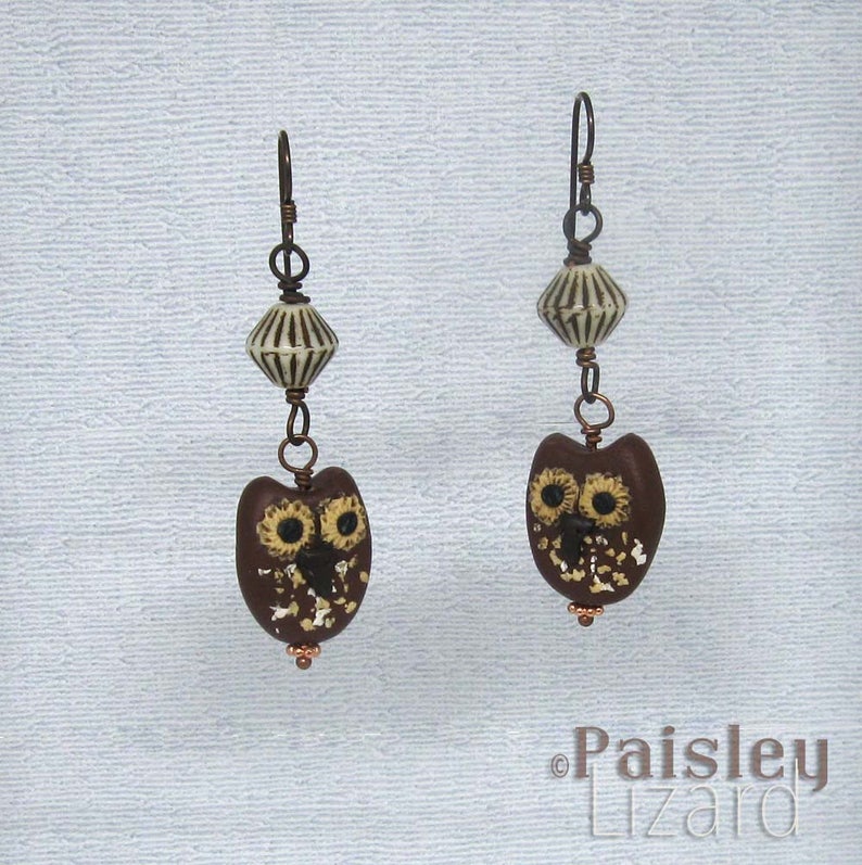 polymer clay owls on brass wires Whimsical Brown Horned Owl earrings