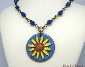 Lapis Blue Sunflower Necklace, Boho Beaded Brass Chain, Art Jewelry