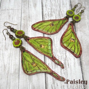 Luna Moth Wing Earrings, Paisley Lizard boho art jewelry