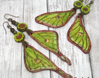 Luna Moth Wing Earrings, Paisley Lizard boho art jewelry
