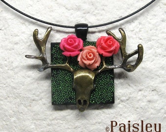 Deer Skull pendant necklace, Paisley Lizard boho art jewelry