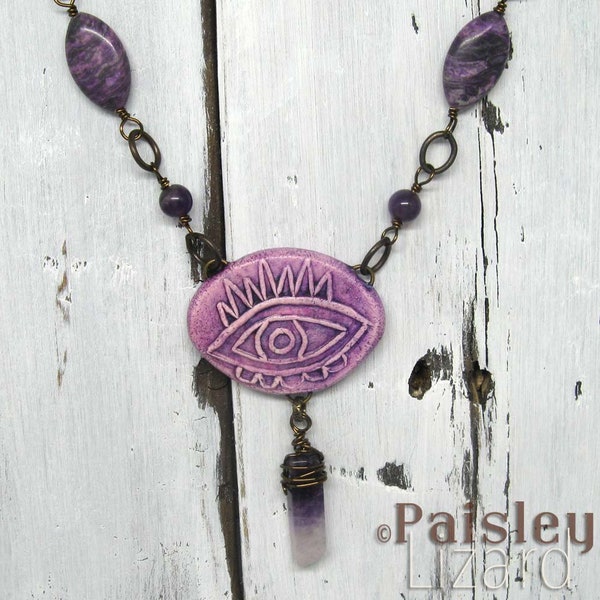 Amethyst Evil Eye talisman necklace | boho art jewelry by Paisley Lizard