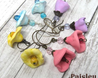 Rustic Bell Flower dangle earrings, Paisley Lizard boho art jewelry