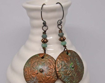 Copper Patina Flower Medallion Earrings, boho art jewelry by Paisley Lizard