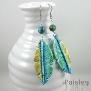 Parrot Feather Earrings, blue green polymer clay dangles on silver plated wires image 1