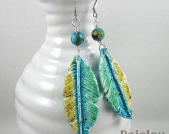 Parrot Feather Earrings, blue green polymer clay dangles on silver plated wires