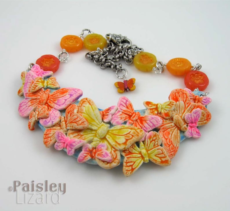 polymer clay collage and beads on silver chain Citrus Butterfly Bib Necklace adjustable length