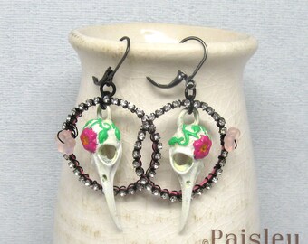 Gothic Bird Skull Hoop Earrings, boho art jewelry by Paisley Lizard