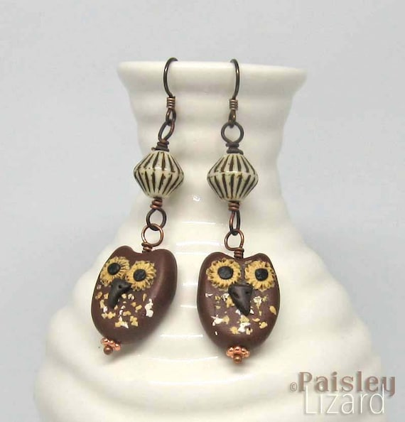 polymer clay owls on brass wires Whimsical Brown Horned Owl earrings