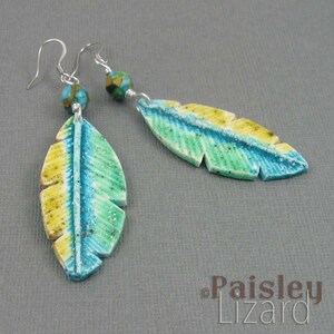 Parrot Feather Earrings, blue green polymer clay dangles on silver plated wires image 4