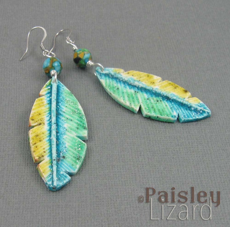 Parrot Feather Earrings, blue green polymer clay dangles on silver plated wires image 4