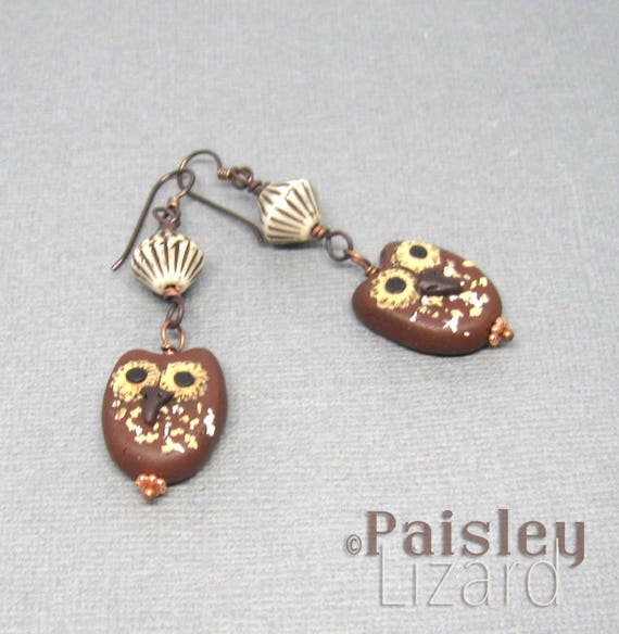 polymer clay owls on brass wires Whimsical Brown Horned Owl earrings