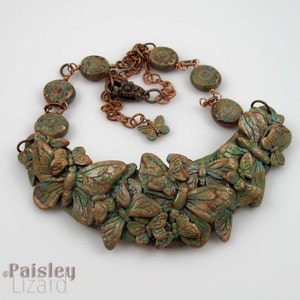 Copper Patina Butterfly Bib Necklace, polymer clay collage and beads on copper chain, adjustable length