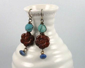 Poppy flowers rustic earrings, mixed gemstone beaded dangles on brass wire