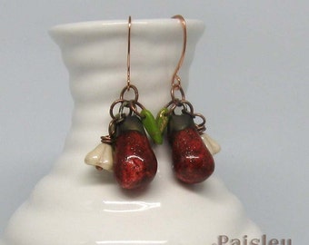 Rustic Strawberry earrings | ceramic and Czech glass bead dangles on copper wires | botanical jewelry