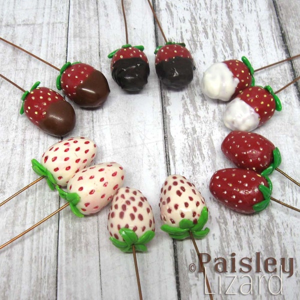 Strawberry Headpins, polymer clay miniature fruit, Paisley Lizard artisan beads