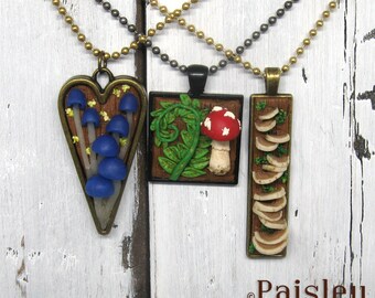 Mushroom Pendant Necklace, Paisley Lizard boho art jewelry