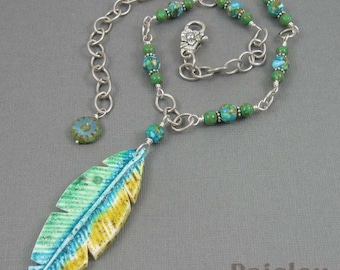 Parrot feather necklace, blue green polymer clay pendant on beaded silver chain