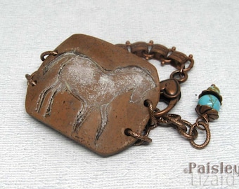 Primitive Pony Bracelet, Antiqued Copper Chain, Turquoise Accent