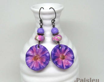 Violet Flower Statement Earrings, Purple Pink Polymer Clay, Boho Jewelry
