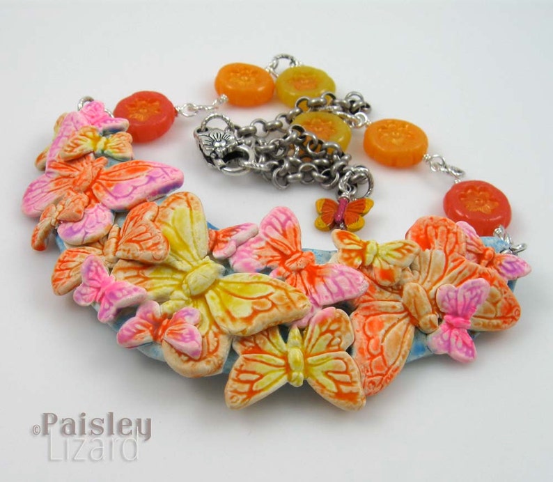 polymer clay collage and beads on silver chain Citrus Butterfly Bib Necklace adjustable length
