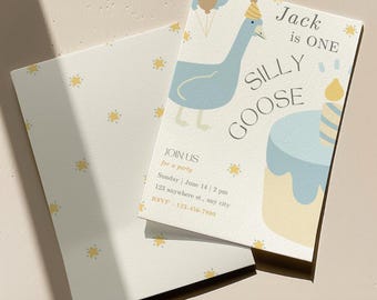 Verjaardagsuitnodiging One Silly Goose (blauw) voor jongen