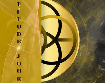 May include: A gold and black gratitude journal cover with a swirling design and the word "GRATITUDE JOURNAL" written vertically on the left side.