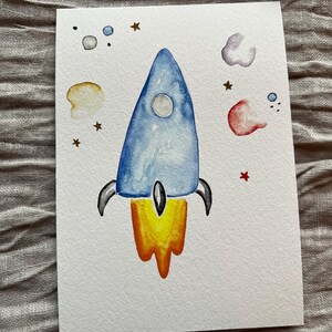 Handgemalte Aquarellkarte mit Rakete