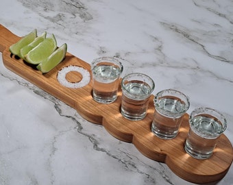 Cherry Hardwood Tequila Flight Board with Shot Glasses, Engagement Gift