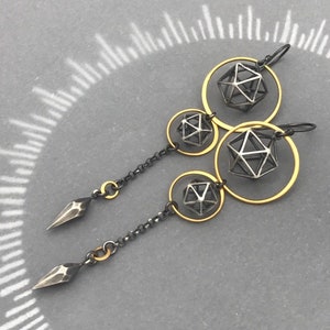 Sacred Geometry Jewelry Double Icosahedron Earrings with Faceted Spike Pendulum and 24K Gold Plate Hoops