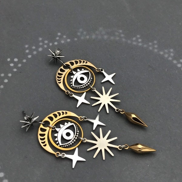 Moon Phase Cosmic All Seeing Eye Earrings with Geometric Spikes