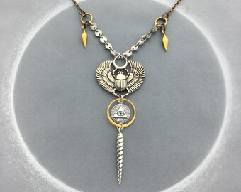 Egyptian Scarab Beetle Occult Necklace With All Seeing Eye and Unicorn Horn, Evil Eye Neckalce