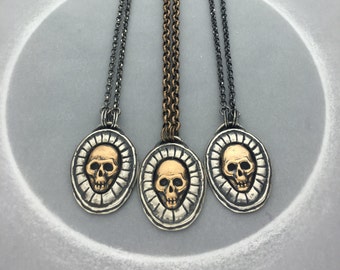 Memento Mori Mixed Metal Skull Necklace, Occult Necklace